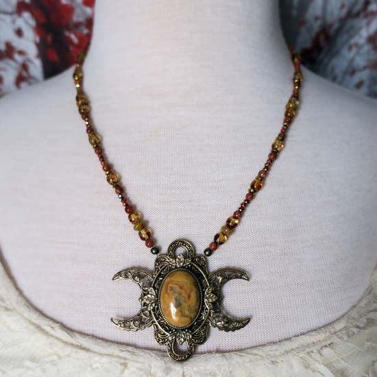Hand-beaded Triple Moon Necklace - Crazy Lace Agate