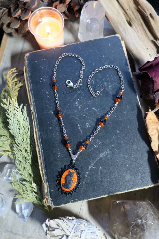 BLACK CAT Necklace - small w/orange glitter