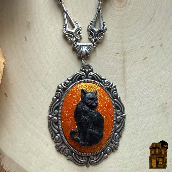 BLACK CAT Necklace - large w/orange glitter - antique silver