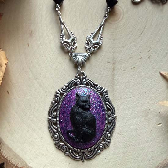 BLACK CAT Necklace - large w/cosmic purple glitter - antique silver