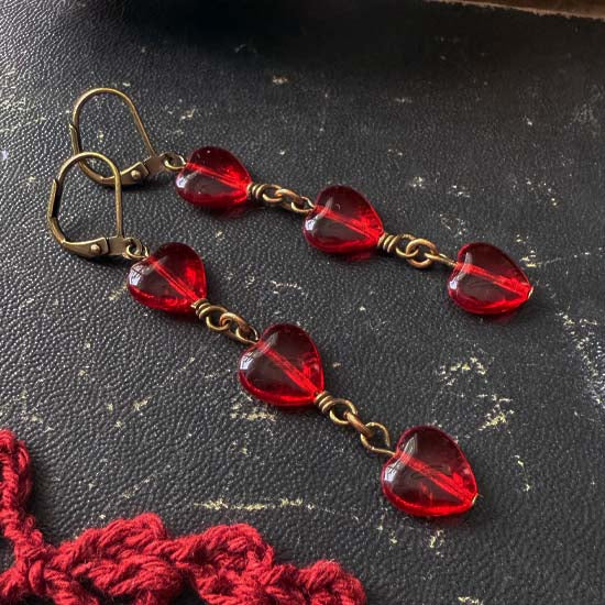 CASCADING HEARTS Earrings - antique brass