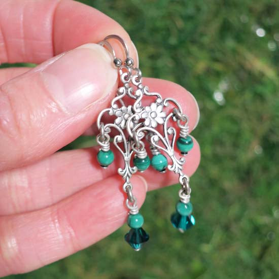 Elven Emerald  Earrings - aged silver -