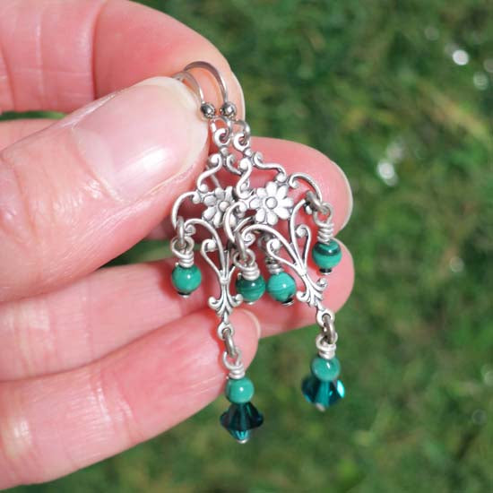 Elven Emerald Earrings - aged silver -
