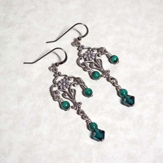 Elven Emerald  Earrings - aged silver -