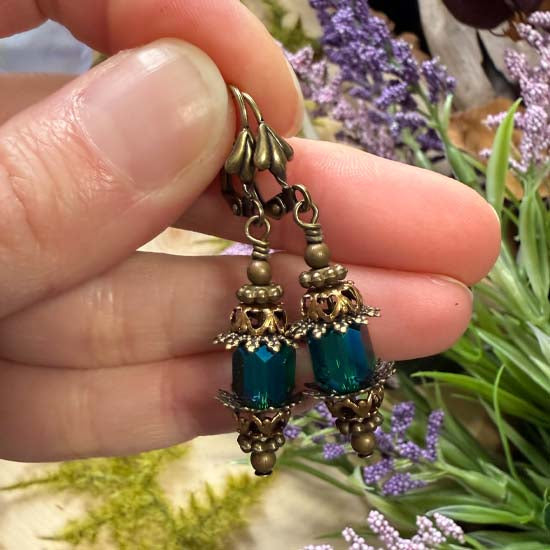 FAIRY LANTERN Earrings - emerald shimmer w/antique brass