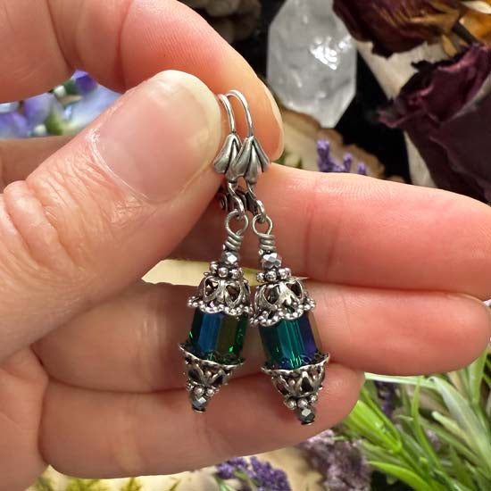 FAIRY LANTERN Earrings - emerald shimmer w/antique silver