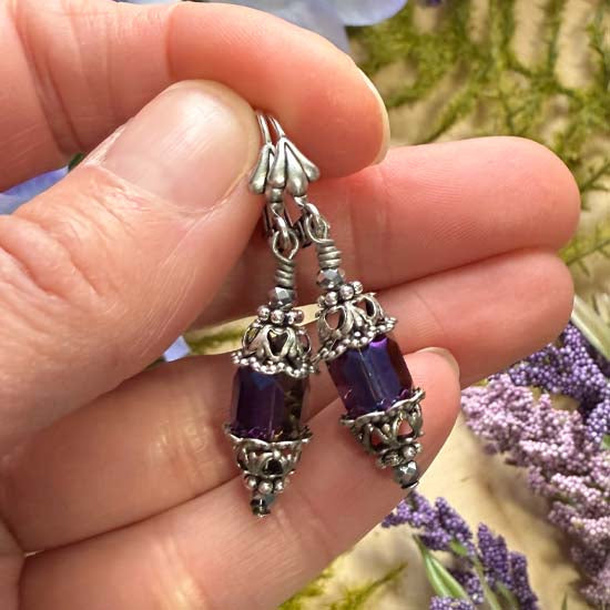FAIRY LANTERN Earrings - purple shimmer w/antique silver