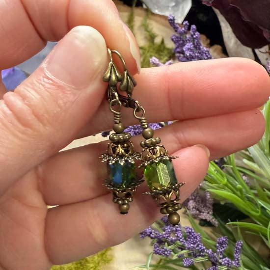 FAIRY LANTERN Earrings - green shimmer w/antique brass