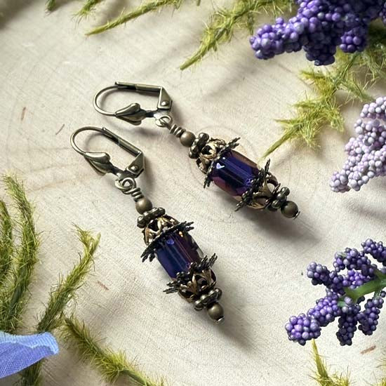 FAIRY LANTERN Earrings - purple shimmer w/antique brass