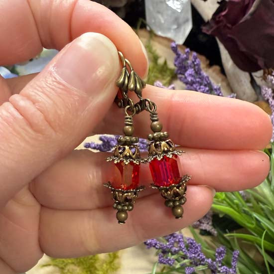 FAIRY LANTERN Earrings - red w/antique brass