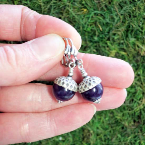 2 Birthstone Oak + Acorn *February/Amethyst* - earrings