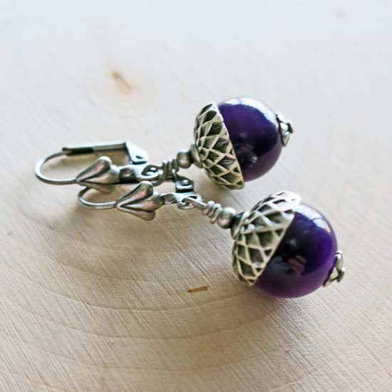 2 Birthstone Oak + Acorn *February/Amethyst* - earrings