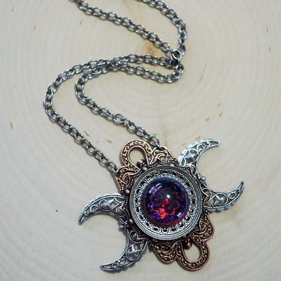 FIRE AND ICE Triple Moon Necklace - Dragon's Breath Glass Opal
