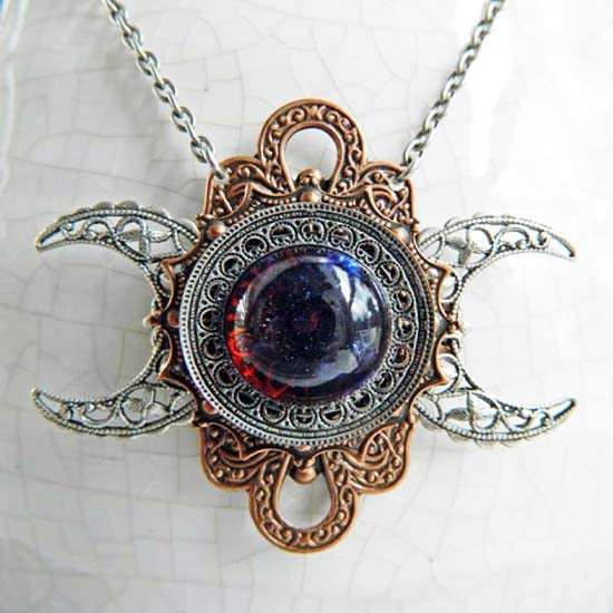 FIRE AND ICE Triple Moon Necklace - Dragon's Breath Glass Opal