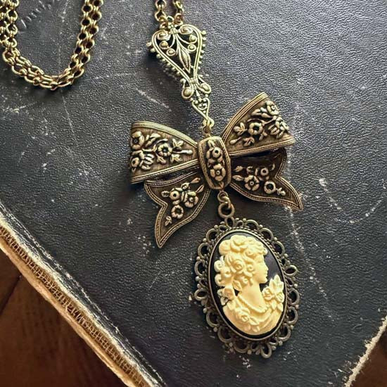 FLORAL BOW Necklace with Victorian lady cameo - antique brass