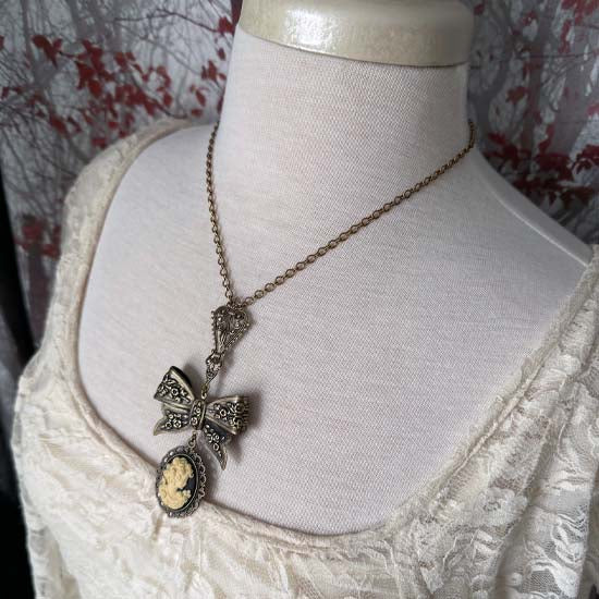 FLORAL BOW Necklace with Victorian lady cameo - antique brass