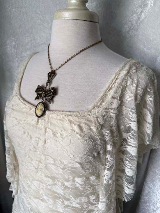 FLORAL BOW Necklace with Greek Goddess cameo - antique brass