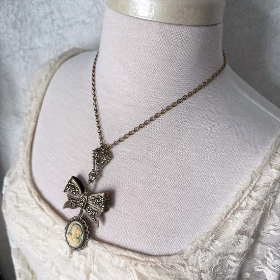FLORAL BOW Necklace with Greek Goddess cameo - antique brass