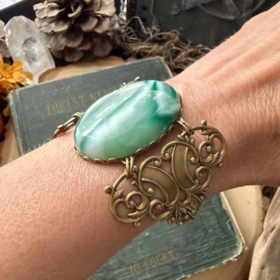 GEMSTONE STATEMENT Bracelet - antique brass w/Striped Green Agate