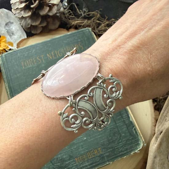 GEMSTONE STATEMENT Bracelet - antique silver w/Rose Quartz