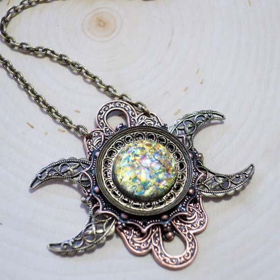 GODDESS of the FIRST HARVEST Triple Moon Necklace - Multi-Color Glass Opal