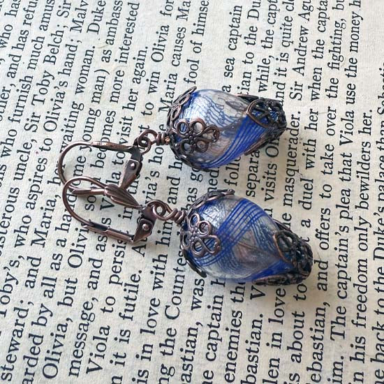 HOT AIR BALLOON Earrings - blue striped with antique copper