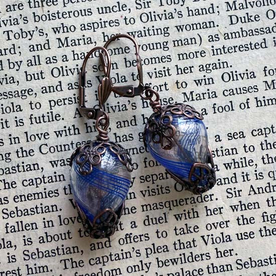 HOT AIR BALLOON Earrings - blue striped with antique copper