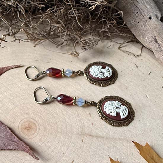 LADY SKULL Cameo Earrings - white/burgundy w/antique brass
