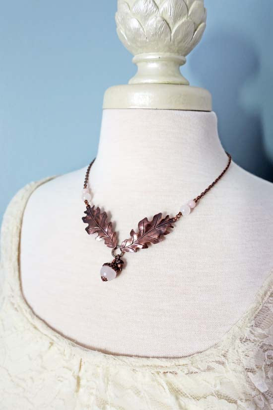 Love Oak Necklace - aged copper w/ Rose Quartz -