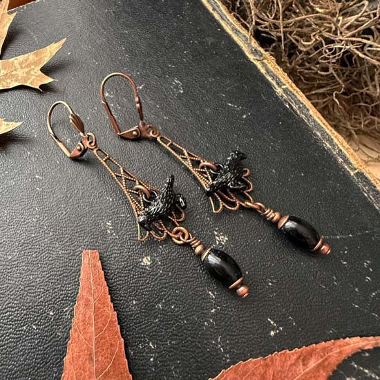 MURDER OF CROWS Earrings - antique copper w/onyx