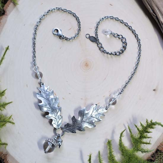 4 Birthstone Oak + Acorn *April/Clear Quartz* - necklace