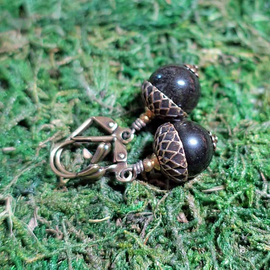 Oak + Acorn Earrings - aged brass w/Gold Sheen Obsidian