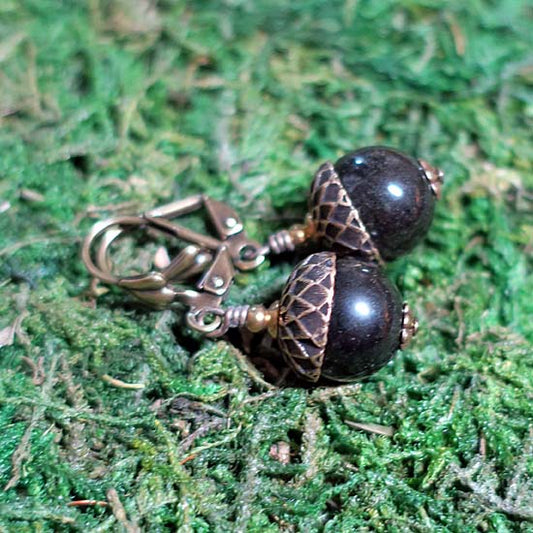 Oak + Acorn Earrings - aged brass w/Gold Sheen Obsidian
