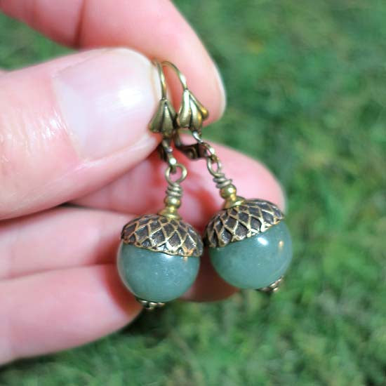 Oak + Acorn Earrings - aged brass w/Green Aventurine