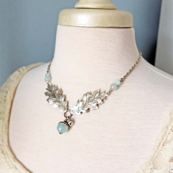 3 Birthstone Oak + Acorn *March/Aquamarine* - necklace