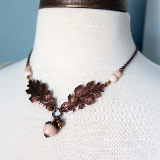 10 Birthstone Oak + Acorn *October/Pink Opal* - necklace
