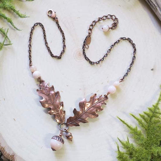 10 Birthstone Oak + Acorn *October/Pink Opal* - necklace