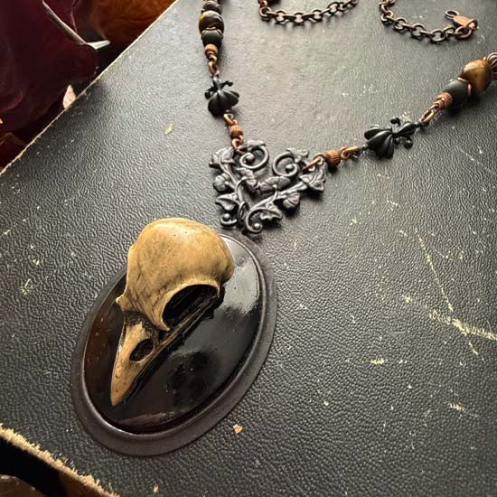 RAVEN SKULL Necklace - black & antique copper w/matte onyx and tiger eye