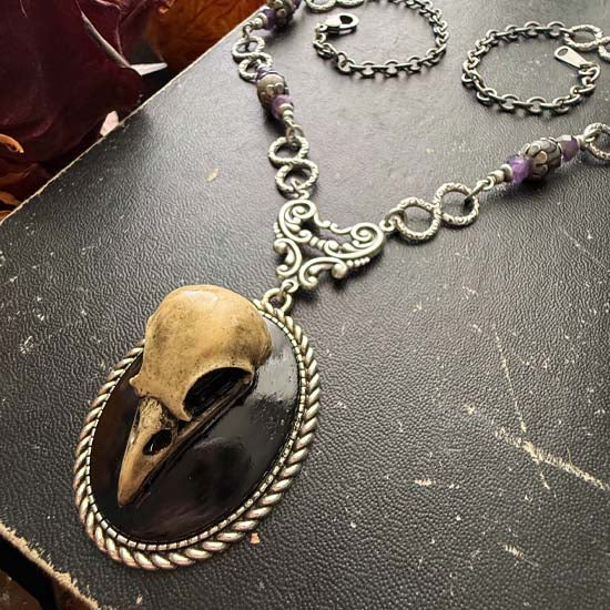 RAVEN SKULL Necklace - antique silver w/silk stone and amethyst
