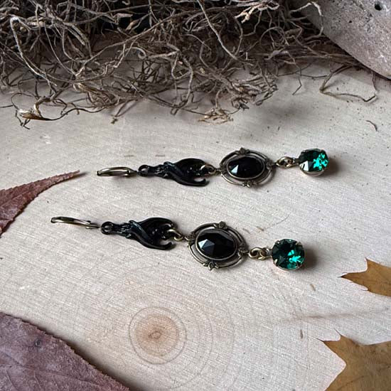 SLEEPING BAT Earrings - antique brass & black w/black faceted rhinestones