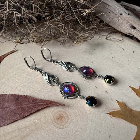 SLEEPING BAT Earrings - antique silver w/Dragon's Breath Glass