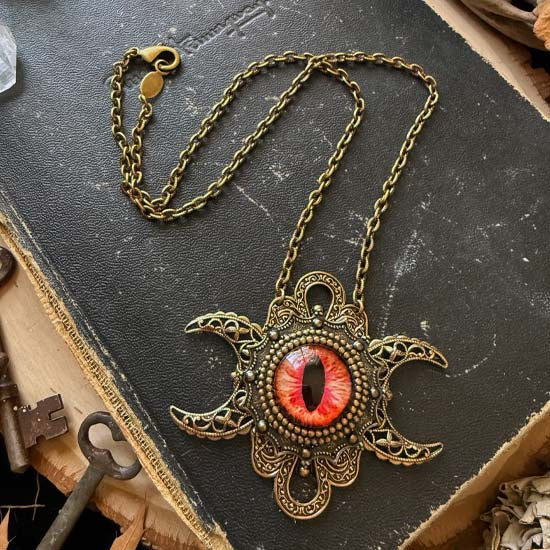 THE SEER Triple Moon Necklace - red eye - antique brass