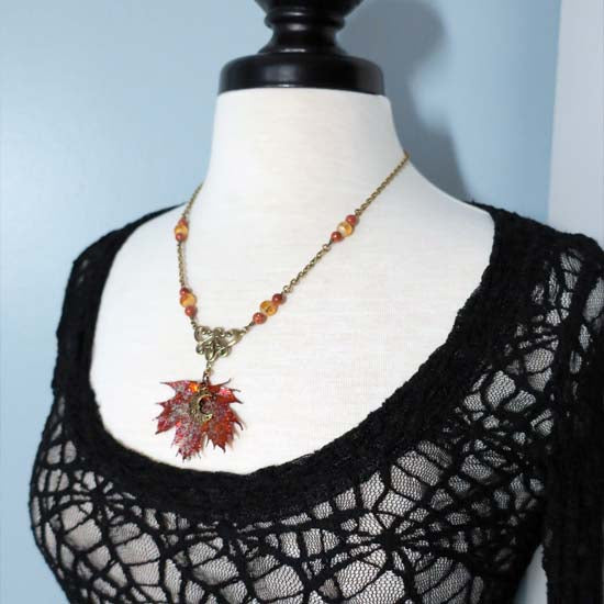 Autumn Moon Signature Necklace w/brass A - Real Maple Leaf Necklace (small leaf)