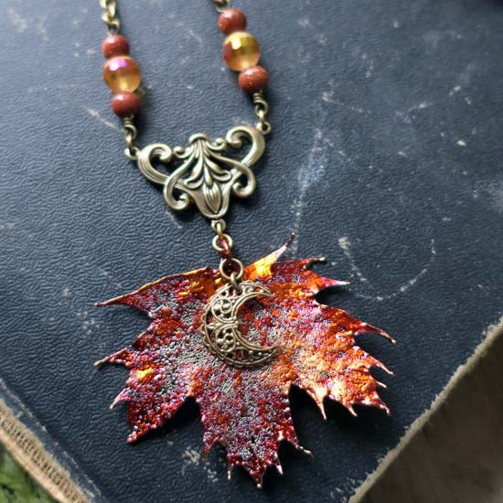 Autumn Moon Signature Necklace w/brass A - Real Maple Leaf Necklace (small leaf)
