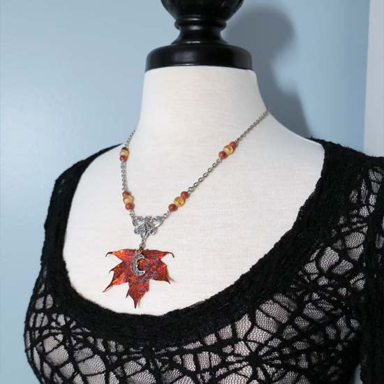 Autumn Moon Signature Necklace w/silver B - Real Maple Leaf Necklace (small leaf)