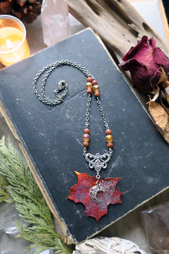 Autumn Moon Signature Necklace w/silver A - Real Maple Leaf Necklace (small leaf)