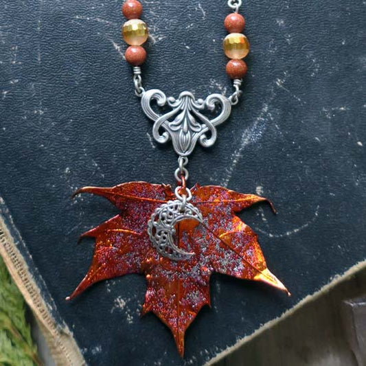 Autumn Moon Signature Necklace w/silver B - Real Maple Leaf Necklace (small leaf)