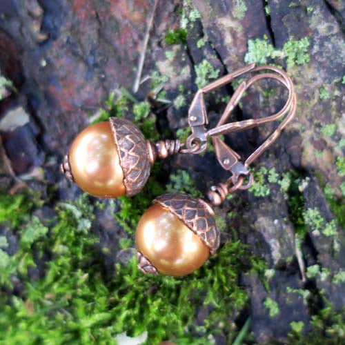 Autumn Oak Earrings - aged copper w/ Copper Pearls