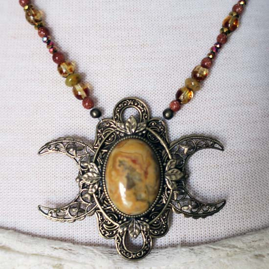 Hand-beaded Triple Moon Necklace - Crazy Lace Agate