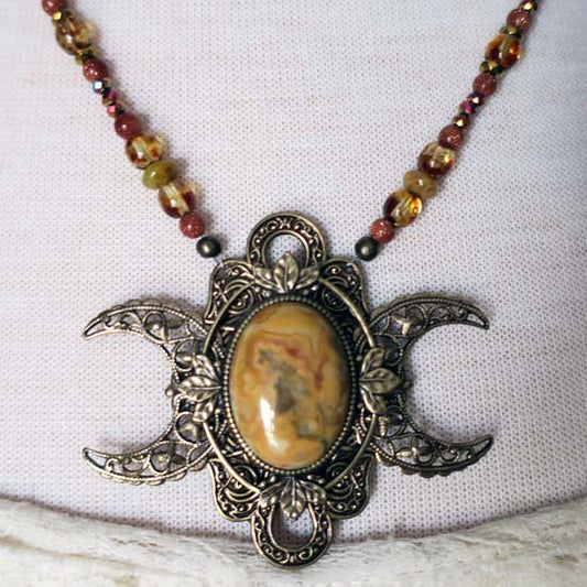 Hand-beaded Triple Moon Necklace - Crazy Lace Agate